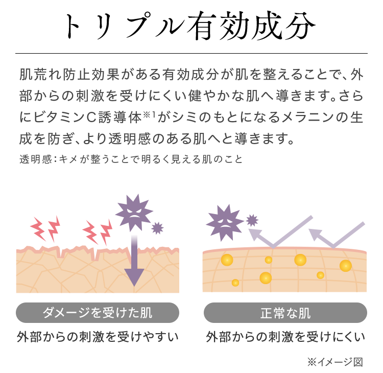 トリプル有効成分肌荒れ防止効果がある有効成分が肌を整えることで、外部からの刺激を受けにくい健やかな肌へ導きます。さらにビタミンC誘導体※1がシミのもとになるメラニンの生成を防ぎ、より透明感のある肌へと導きます。透明感：キメが整うことで明るく見える肌のこと ダメージを受けた肌 外部からの刺激を受けやすい 正常な肌 外部からの刺激を受けにくい ※イメージ図