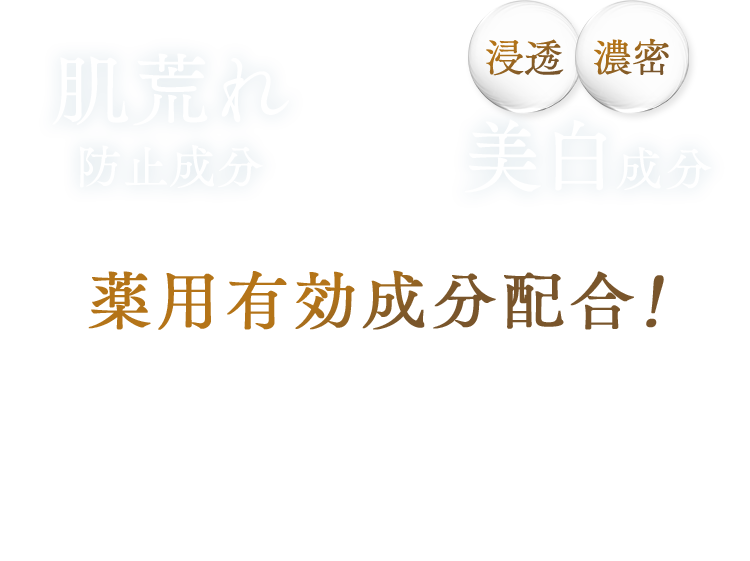 肌荒れ防止成分×浸透　濃密　美白成分　薬用有効成分配合！　ぎゅっと凝縮！