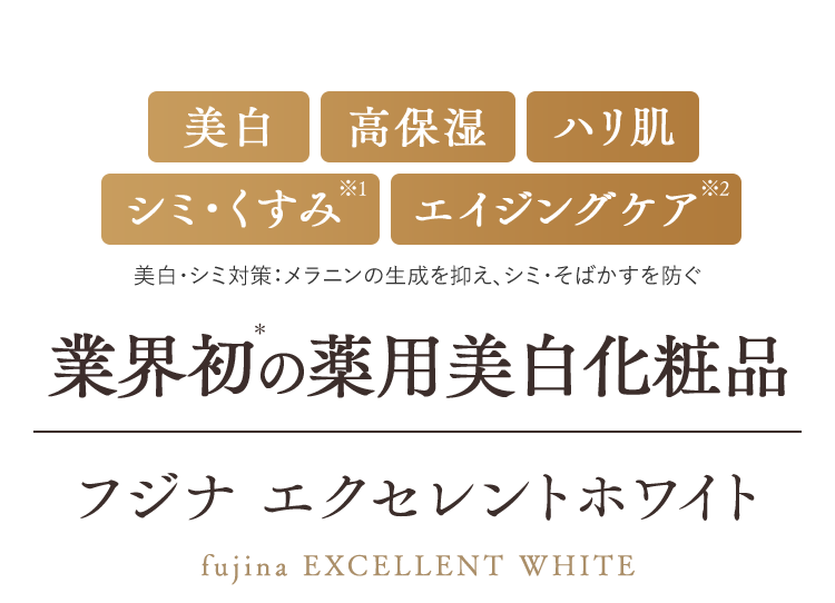 美白　高保湿　ハリ肌　シミ・くすみ＊1 エイジングケア＊2　美白・シミ対策：メラニンの生成を抑え、シミ・そばかすを防ぐ　業界初＊の薬用美白化粧品　フジナ エクセレントホワイト　fujina Excellent White